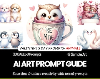 Valentine's Day Prompts Cute Animals | Dall- E3 prompts guide for Whimsical Watercolor Art, Valentines Cards & Crafts, Nursery Clipart Gift