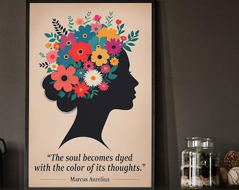 Arte mural floral retro, cita imprimible de Marco Aurelio sobre la atención plena, lámina estoica de estilo vintage: «El alma se tiñe de... sus pensamientos».
