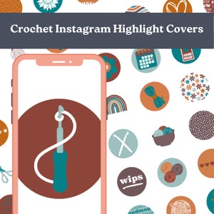 May include: A phone screen mockup with a crochet hook and yarn graphic. The phone is surrounded by colorful circles with various crochet-themed designs, including a calendar, yarn balls, flowers, and a rainbow.