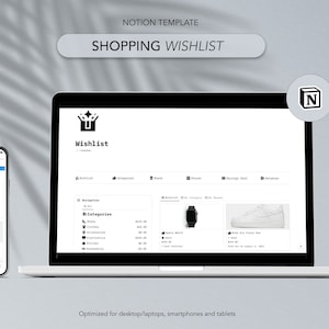 Peut inclure: Une capture d'écran d'un modèle Notion pour une liste de souhaits d'achats. Le modèle est optimisé pour une utilisation sur ordinateur de bureau, ordinateur portable, smartphone et tablette. Le modèle comprend une liste de catégories, telles que les chaussures, les accessoires et l'électronique. Le modèle comprend également une liste d'articles, avec la possibilité d'ajouter une description, un prix et un lien vers l'article. Le modèle est conçu pour aider les utilisateurs à suivre leurs listes de souhaits d'achats.