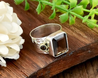 Handmade Smoky Quartz Ring: Sterling Silver Hammered Band- Statement Jewelry