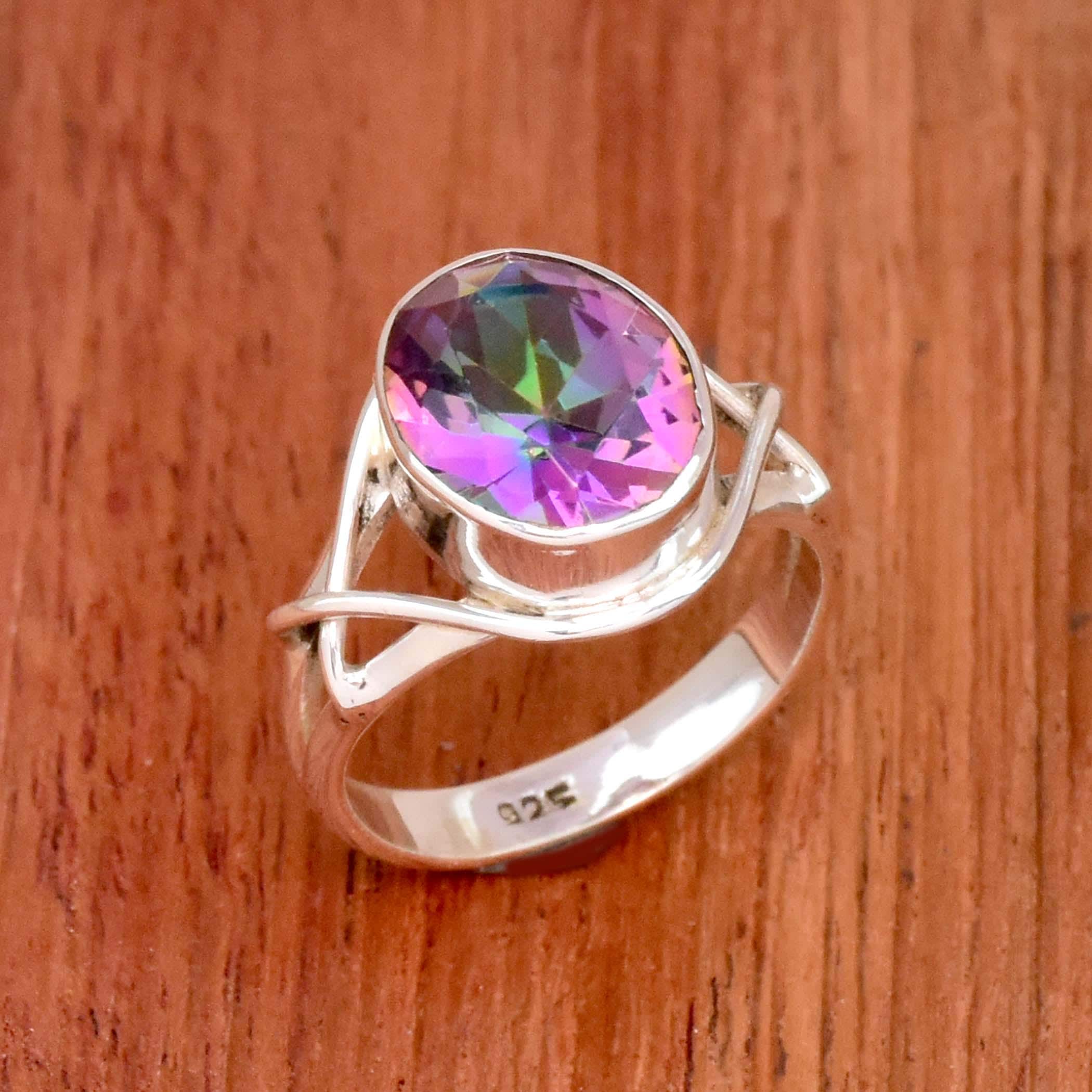 Anello fatto a mano con topazio mistico: pietra preziosa ovale, argento sterling 925 - Italia
