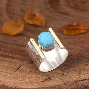 Mohave Turquoise Ring: Hammered Sterling Silver Wide Band, Bohemian Style