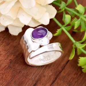 Amethyst Ring, Adjustable Ring, 925 Silver Ring, Statement Ring, Hammered Ring, Silver Ring With Amethyst, Designer Band Ring, Gift For Her
