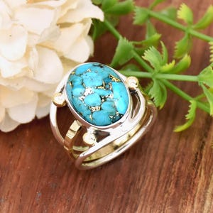 Blue Copper Turquoise Sterling Silver Ring: Two-Tone Bohemian Statement Ring