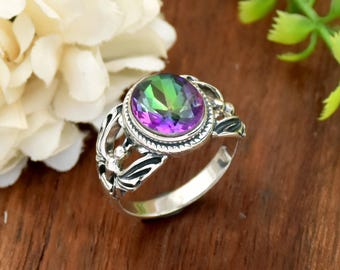 Mystic Topaz 925 Sterling Silver Ring: Filigree Boho Statement