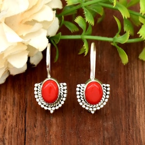 Red Coral Earrings, 925 Silver Coral Earrings, Handmade Earrings, Oval Gemstone Earrings filigree Earrings anniversary Earrings Gift For Her