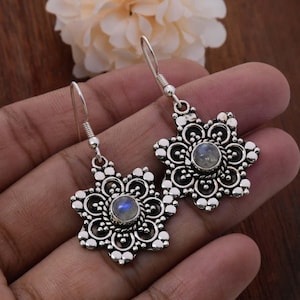 Natural Moonstone Earrings, Sterling Silver, Filigree Earrings, handmade Earrings Chunky Silver Earrings Bohemian Earrings Designer Earrings