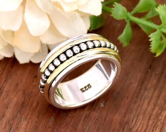 Sterling Silver Beaded Spinner Ring: Two-Tone Meditation Ring
