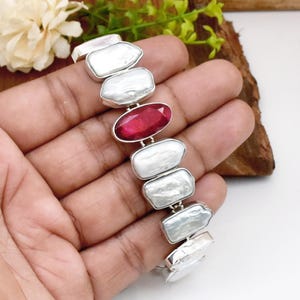 Pearl  Bracelet 925 Sterling Silver Bracelet Raw Gemstone Bracelet Handmade Jewelry, Pearl and Ruby Bracelet Wedding Jewelry Bridal Bracelet