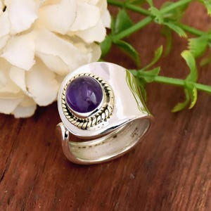 Natural Amethyst Ring, 925 Sterling Silver Ring, Adjustable Ring, Statement Ring, Boho Ring, Hammered Ring, Wide Band Ring, Gift For Her