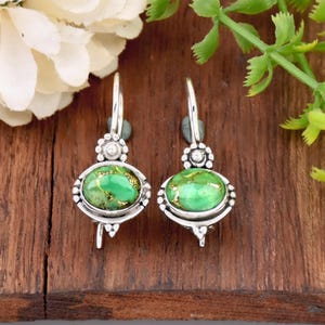 Pendientes de cobre verde y turquesa, pendientes de plata de ley 925, pendientes colgantes y de gota, pendientes llamativos, pendientes de filigrana, regalo para ella