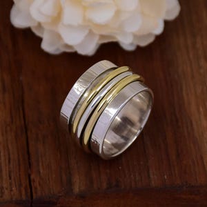 Sterling Silver Fidget Spinner Ring: Two Tone Meditation Anxiety Ring