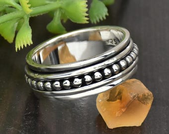 Sterling Silver Spinner Ring: Beaded Meditation, Anti-Stress Fidget Band