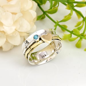 Blue Turquoise 925 Sterling Silver Spinner Ring: Heart Meditation Ring