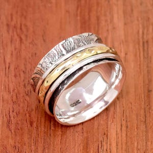 Two-Tone Sterling Silver Spinner Ring: Handmade Textured Band