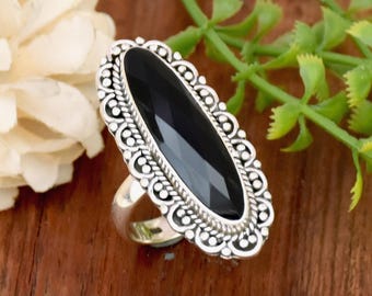 Black Onyx Ring: Sterling Silver Filigree, Long Oval Checker Cut