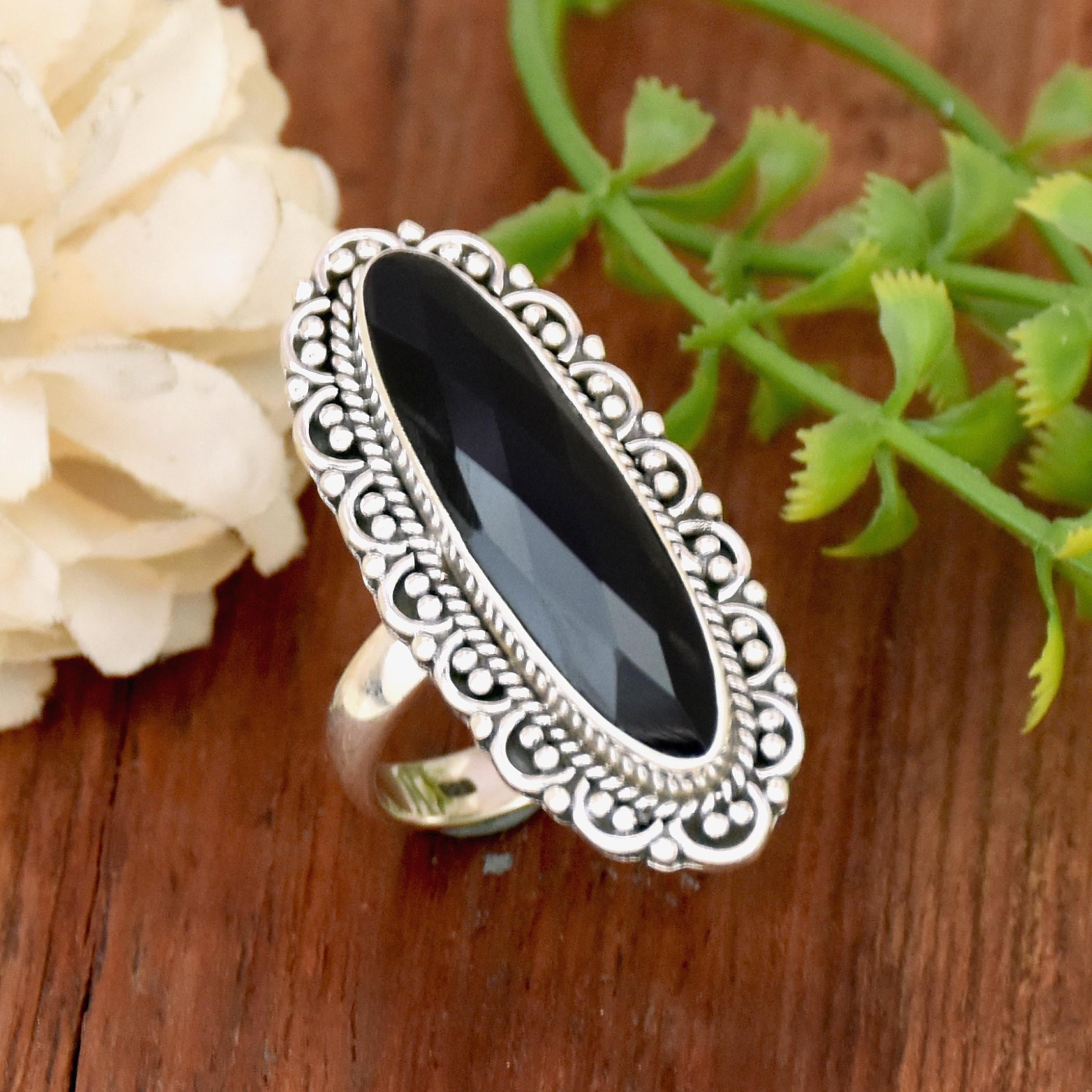 Black Onyx Ring: Sterling Silver Filigree, Long Oval Checker Cut