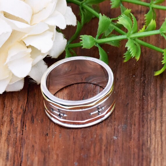 Sterling Silver Cross Spinner Ring: Two-tone Boho Meditation Band
