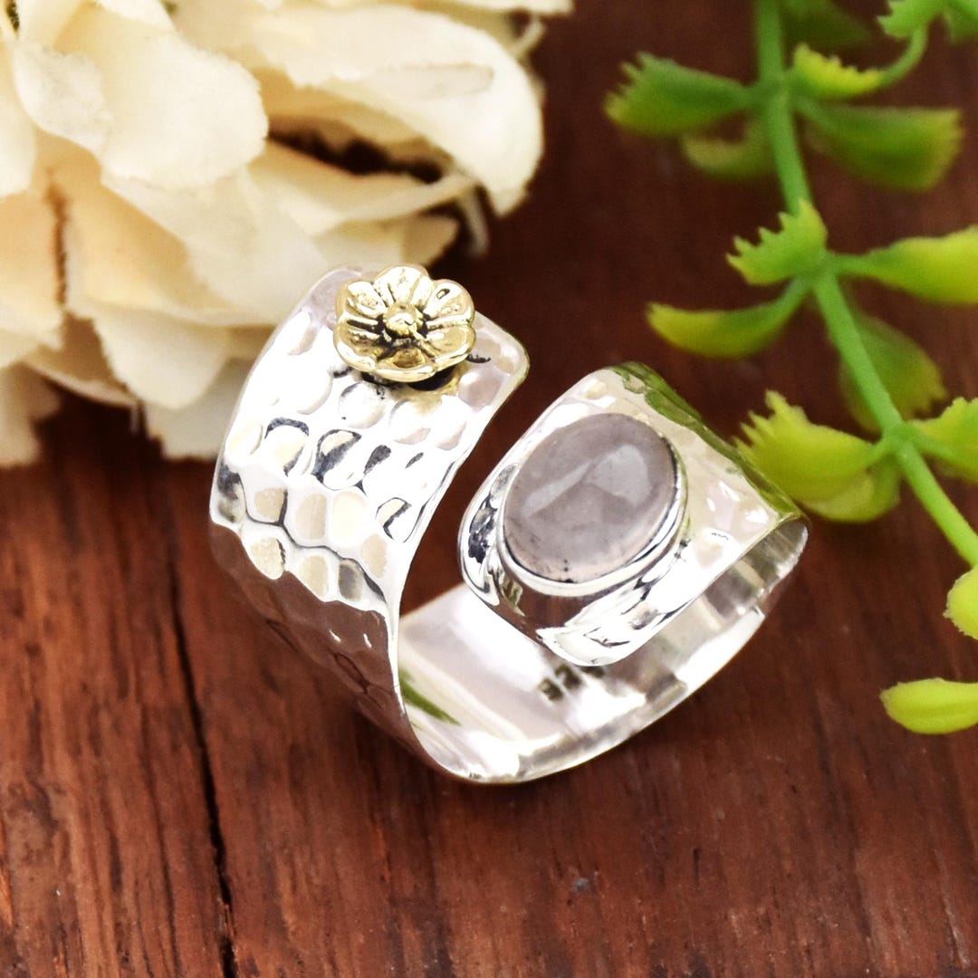 Bague Quartz Rose Argent 925 - Taille 54 à 60 - Large Anneau Martelé Neuve Avec étiquette