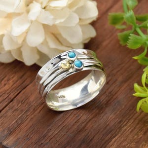 Blue Turquoise Sterling Silver Spinner Ring - Hammered Meditation Band