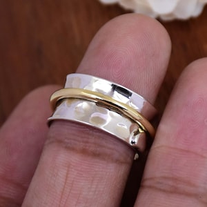 Wide Band Sterling Silver Spinner Ring: Two Tone Hammered Boho Ring