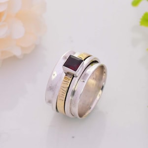 Natural Garnet Ring, 925 Sterling Silver Ring, Spinner Ring, Meditation Ring, Two Tone Ring, Thumb Ring, Boho Spinner Ring, Gift For Her