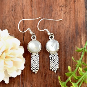 Mother of Pearl Earrings: Sterling Silver Filigree Chain Dangle Earrings