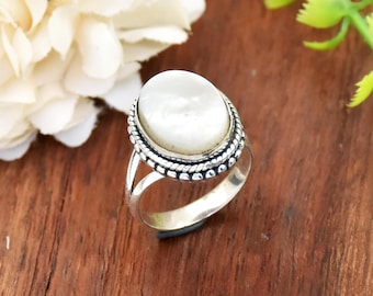 Mother of Pearl Ring: 925 Sterling Silver Filigree, Bohemian Statement Ring