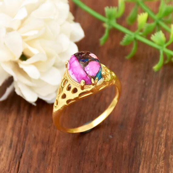 Pink Oyster Turquoise Sterling Silver Ring: 18k Gold Vermeil Band