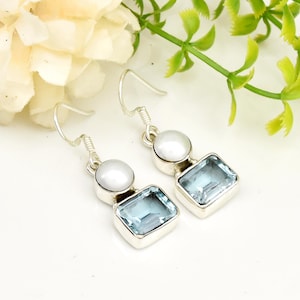 Blue Topaz and Pearl Earrings 925Sterling Silver Earrings Dainty Earrings Statement Earrings Dangle & Drop Earrings Anniversary Gift For her