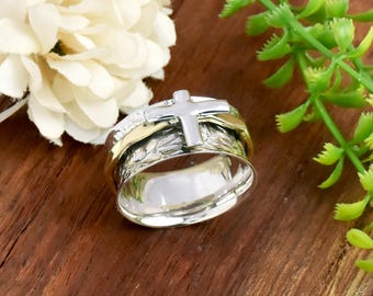 Christian Cross Spinner Ring: Handmade 925 Sterling Silver Religious Anxiety Ring. Textured Band
