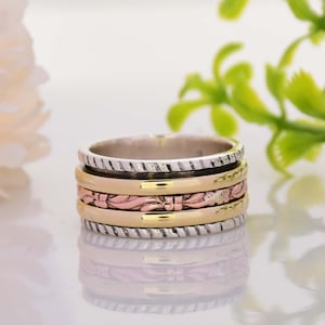 Sterling Silver Spinner Ring: Two-Tone Filigree Textured Band
