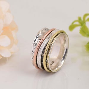 925 Sterling Silver Spinner Ring: Two Tone Leaf Textured Fidget Ring