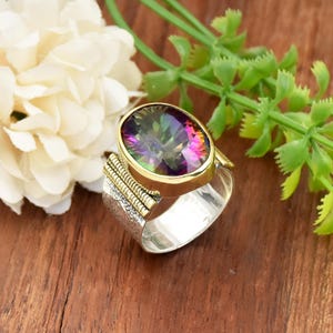 Bague Ancienne Argent Massif 925 – Alliance Créateur Avec Topaze Mystique