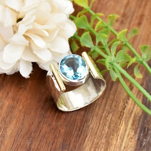 Blue Topaz Ring, 925 Sterling Silver Ring, Statement Ring, Bohemian Ring Wide Band Hammered Ring, Two Tone Ring, Bohemian Ring, Gift For Her