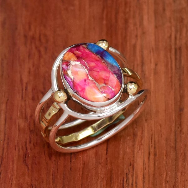 Anillo de turquesa y ostra rosa: Anillo bohemio de plata de ley hecho a mano