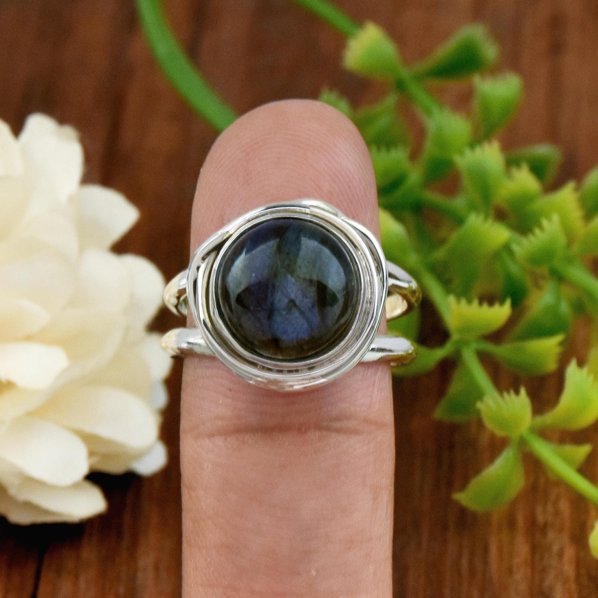 希少 OX JEWELRY Silver Labradorite Ring Blue Labradorite Ring: Sterling Silver Wire Wrap, Round Gemstone
