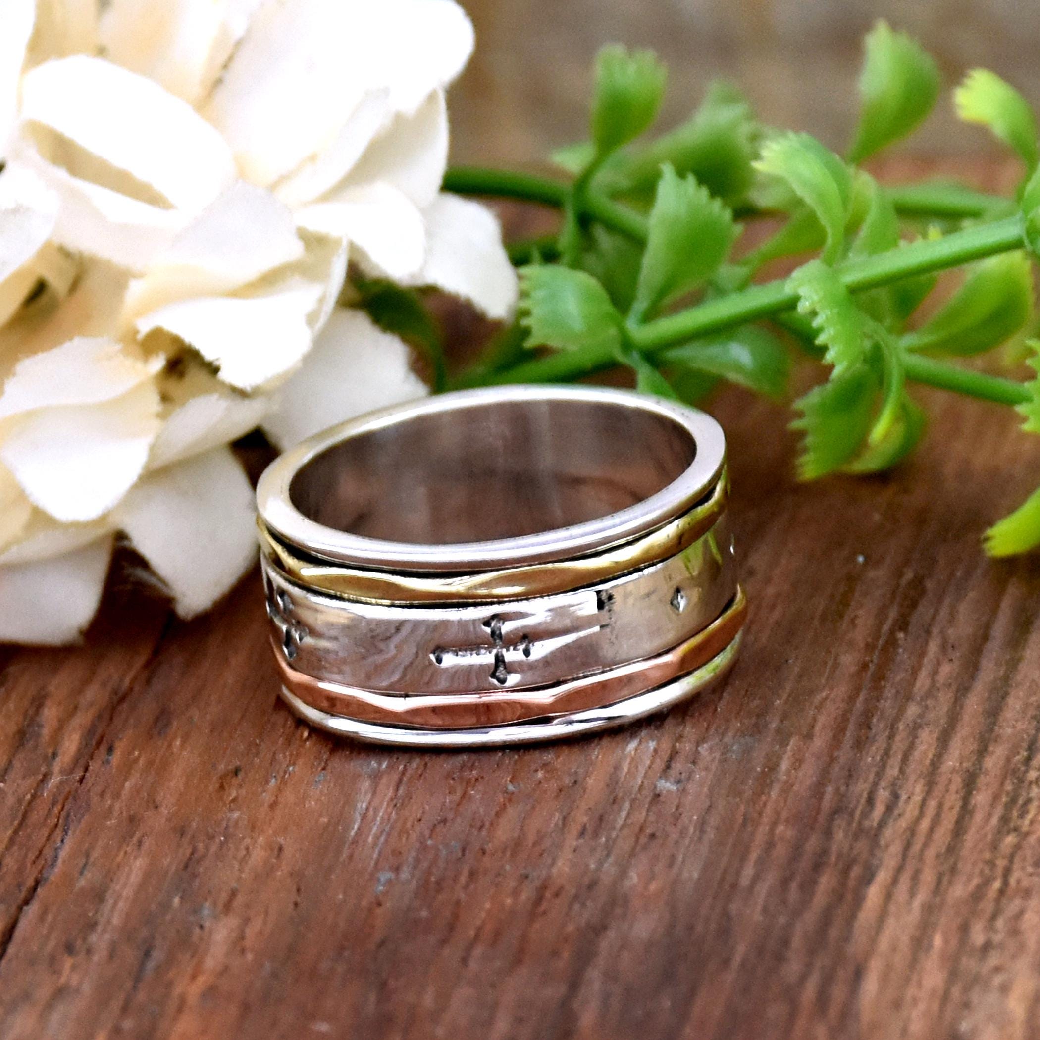 Sterling Silver Cross Spinner Ring: Two-tone Boho Meditation Band