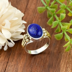 Lapis Lazuli Ring, 925 Sterling Silber Ring, Statement Ring, Spaltbandring, Oval Edelstein Ring, Ehering, zweifarbiger Ring, Geschenk für Sie