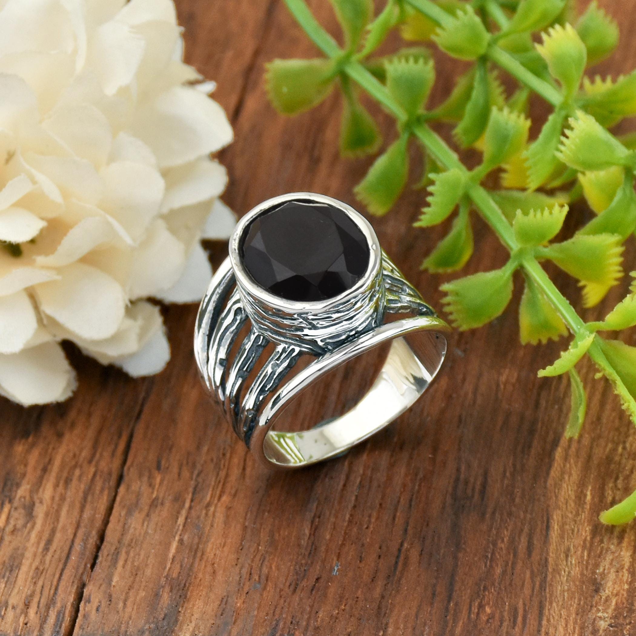 Oxidized Sterling Silver Black Onyx Ring: Tree Bark Band - Etsy
