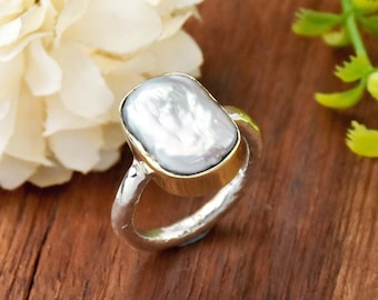 Raw Pearl Sterling Silver Ring: Hammered Statement Ring