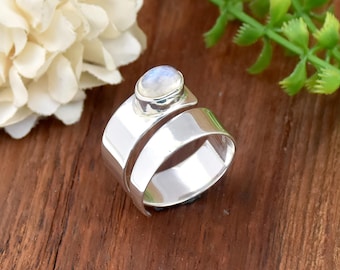 Bohemian Moonstone Ring: Adjustable Sterling Silver Open Band