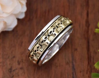 Sterlingzilveren schedel spinnerring: gotische bikerband (9 mm)