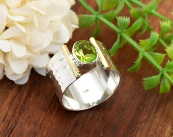 Peridot Ring: Hammered Sterling Silver Statement Ring, August Birthstone