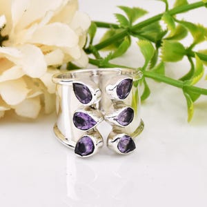 Amethyst Ring, 925 Sterling Silver Ring, Adjustable Ring, Multi Stone Ring, Boho Ring Statement Ring Wide Band Ring Anniversary Gift For Her
