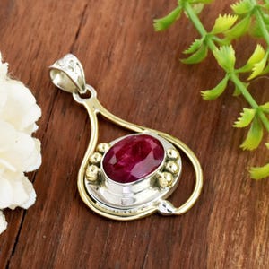 Indian Ruby Pendant: Beaded 925 Sterling Silver Bohemian Jewelry