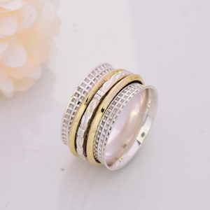 Sterling Silver Fidget Spinner Ring: Two Tone Textured Band