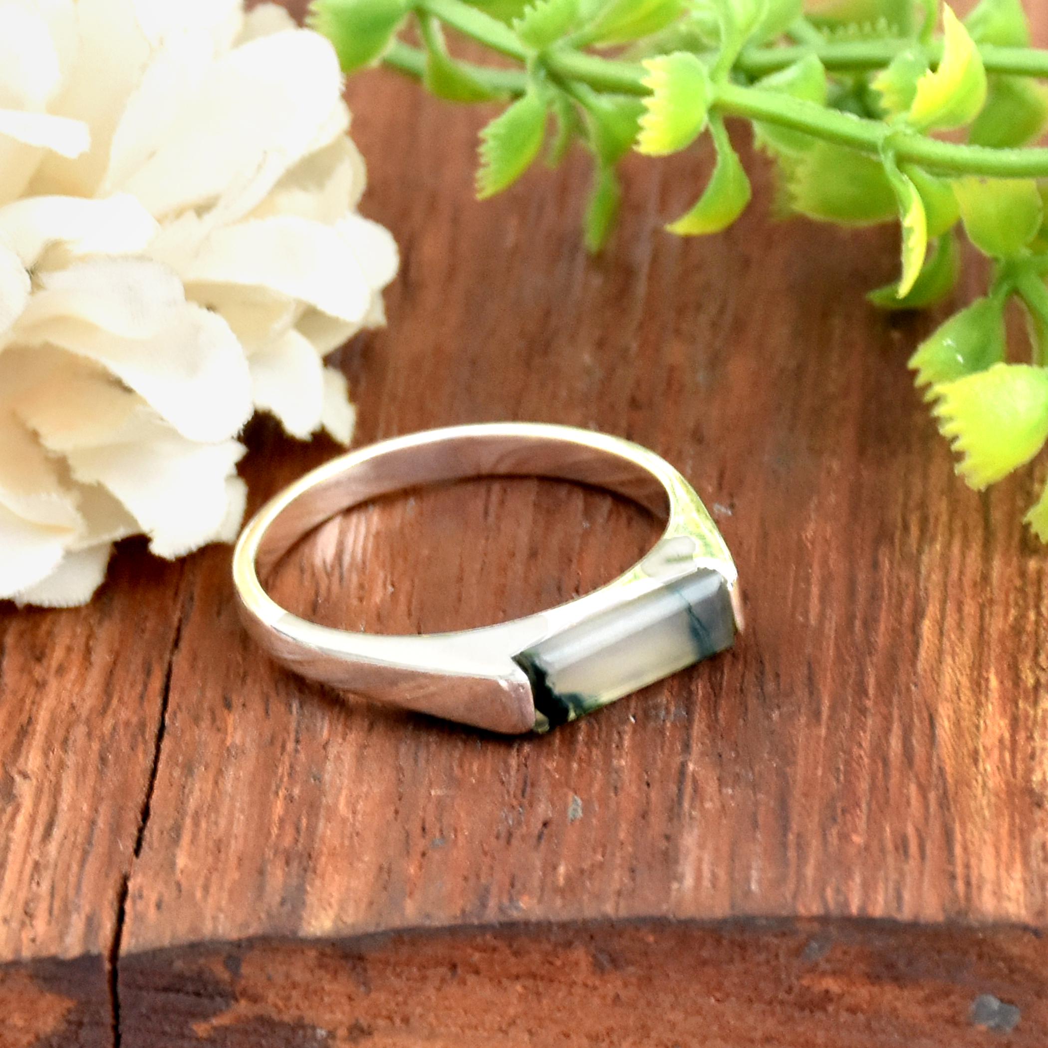 モスアゲートリング：ハンドメイド925スターリングシルバーのバゲット