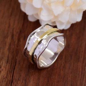 Sterling Silver Spinner Ring: Two Tone Hammered Meditation Band